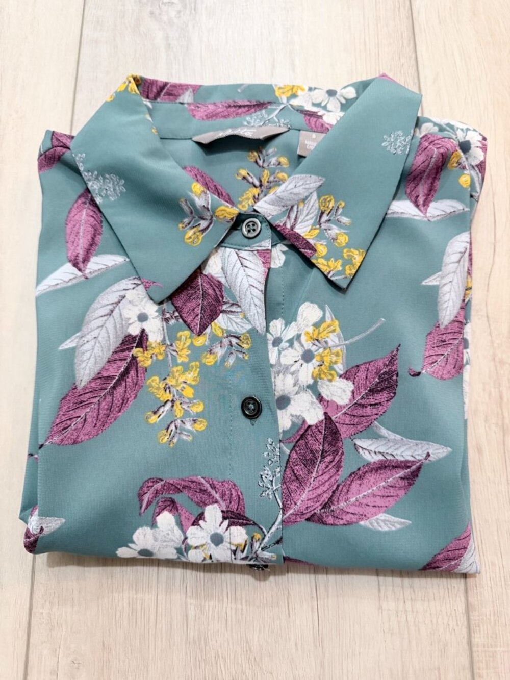 Motto Floral Button-Front Blouse Teal Burgundy Size 8